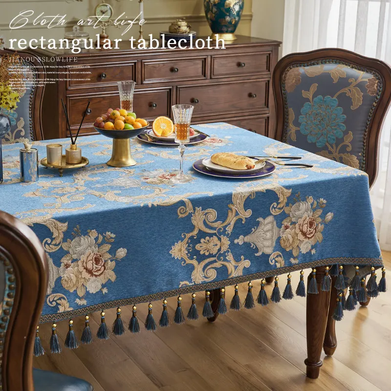 European Vintage Tablecloth, Rectangular Dining, Jacquard Table Cover with Tassels, Textured Chenille, Square, Party, Kitchen