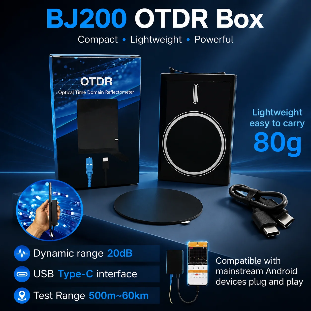 BJ200 OTDR Box 1550nm / 1650nm Fiber Live Test 20dB USB Type-C Test Range 500m~60km Pulse Width 3ns~10us, Android APP Operation