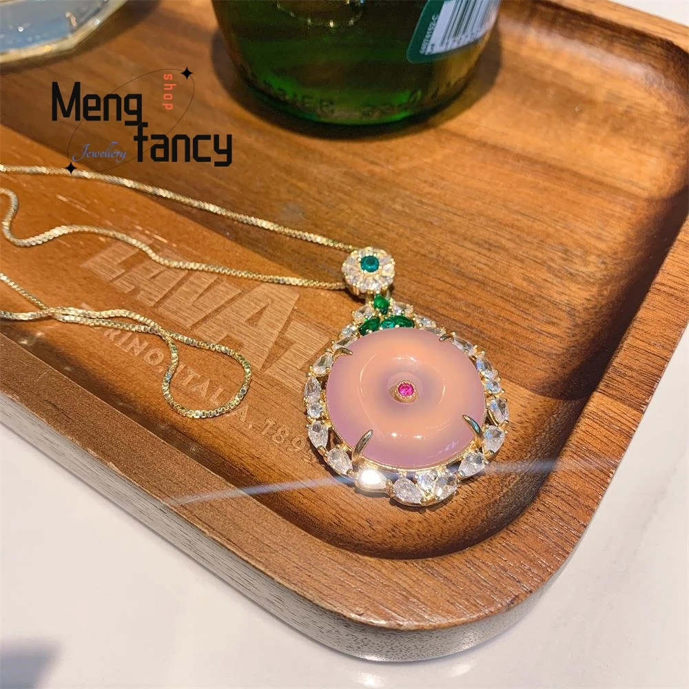 Natural Pink Chalcedony Stone Inlaid Peace Green Agate Pendant 
