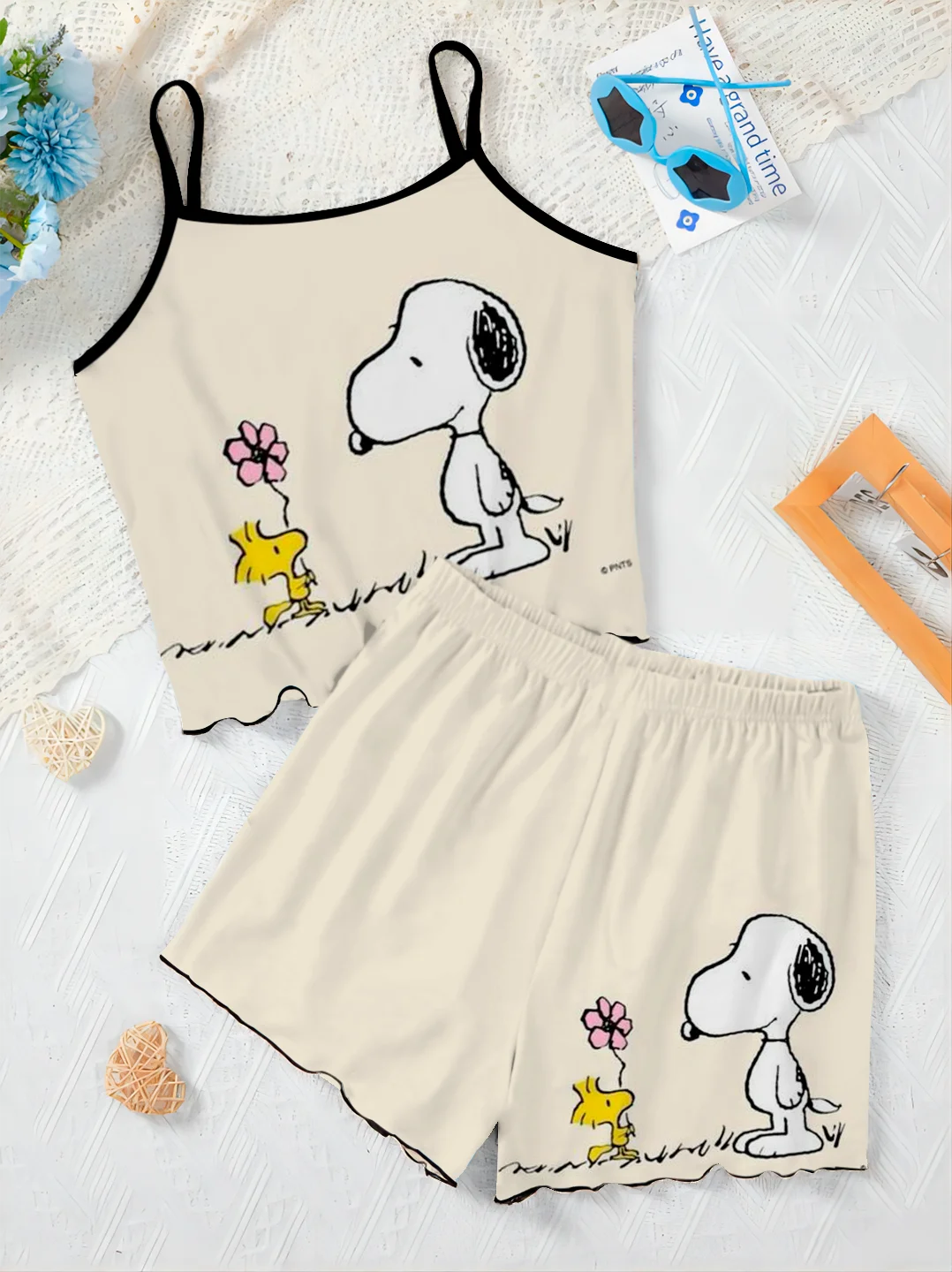 Disney Slip Dress Krótkie zestawy dla kobiet 2-częściowy zestaw dwuczęściowy Snoopy Damski garnitur T-shirt Top Elegancki dół Disney Home Dress