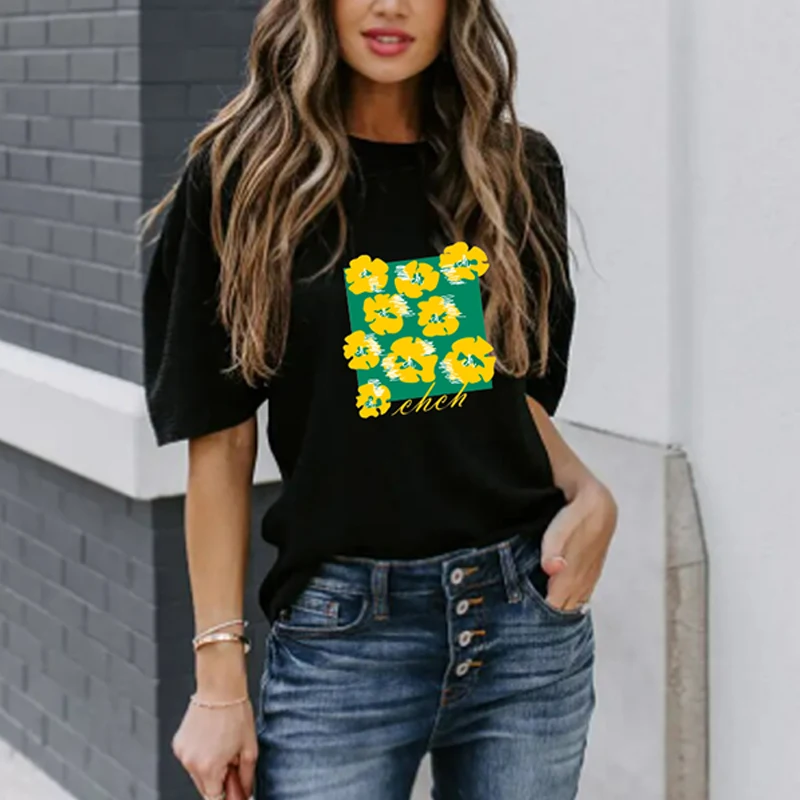 Camiseta de manga corta para mujer, Top Popular versátil, elegante, juvenil, de Color sólido, Vintage, 2024