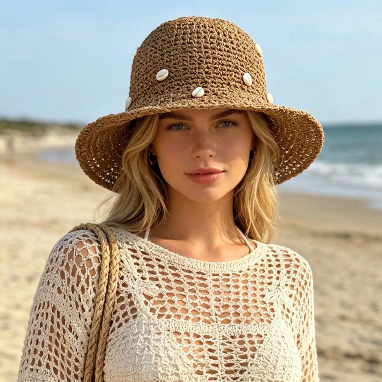 1pc Women's  Bohemian Beach Shell Pearl Decor Beach Straw Hat Hollow Sun Protection Beach Hat Suitable For Daily Vacation