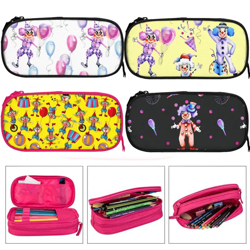 

Watercolor clown circus Large Capacity Pencil Case Stationery School Supplies Pouch Office Desk Storage Kids Pen Case Box