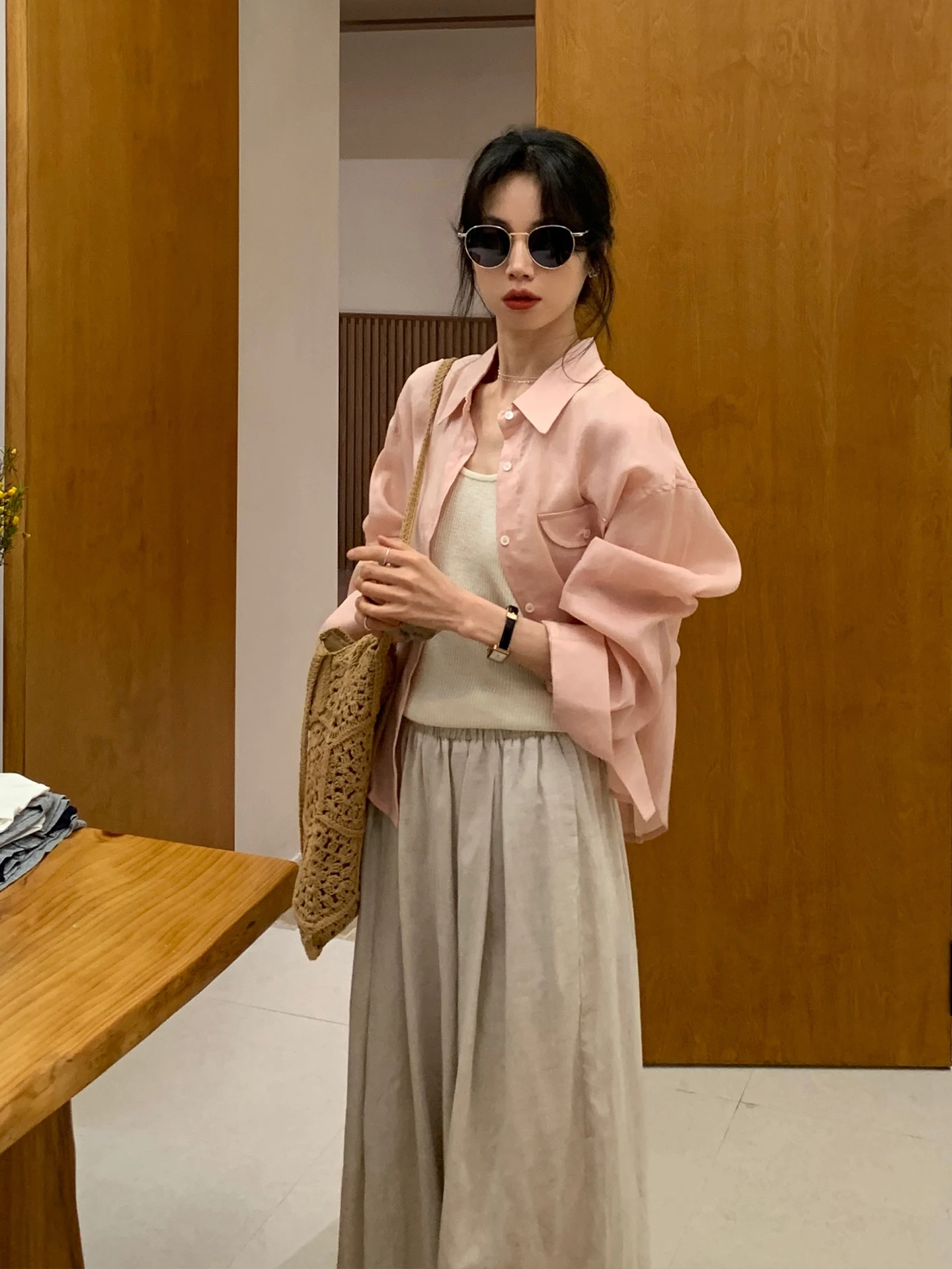 

Sweet Pink Linen Long Sleeve Shirt Women's Spring Summer Thin Design Casual Shirt Breathable Comfortable Loose French Style