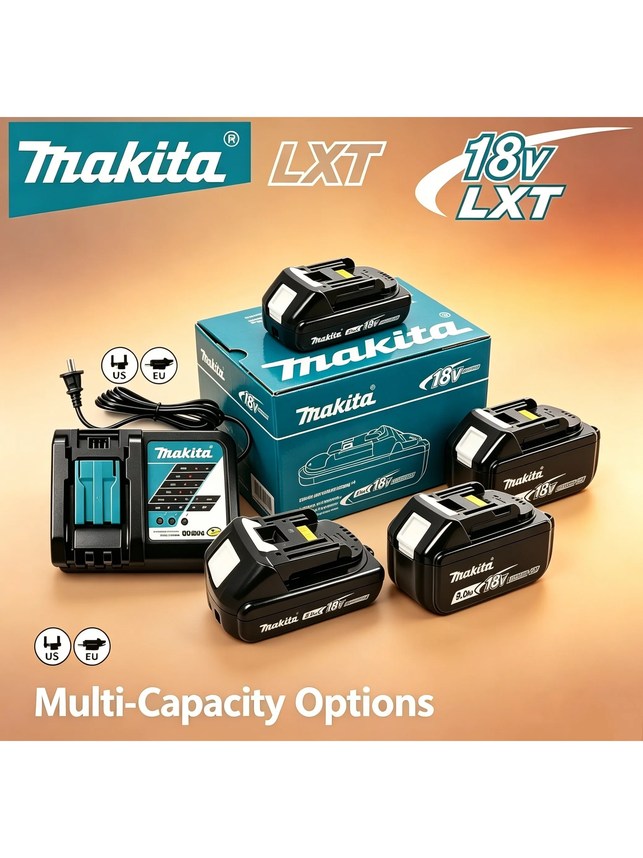 Original Makita 18V 3,0Ah/6,0Ah/9,0Ah Akku + DC18RC Schnellladegerät-Set, kompatibel mit 18V LXT Akku-Werkzeugen