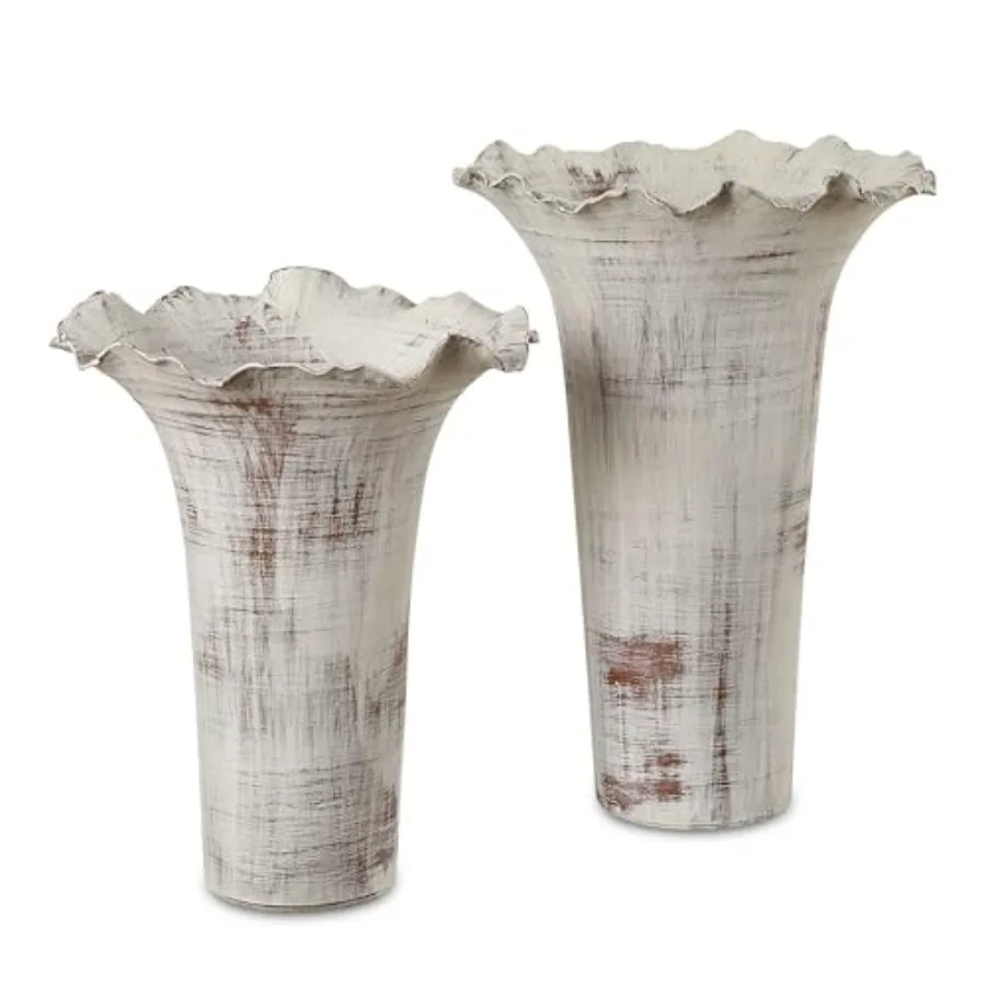 

Vase set for home decor, ceramic, white, ruffled petal design with elegant silhouette, 16 inches tall and 11 inches wide