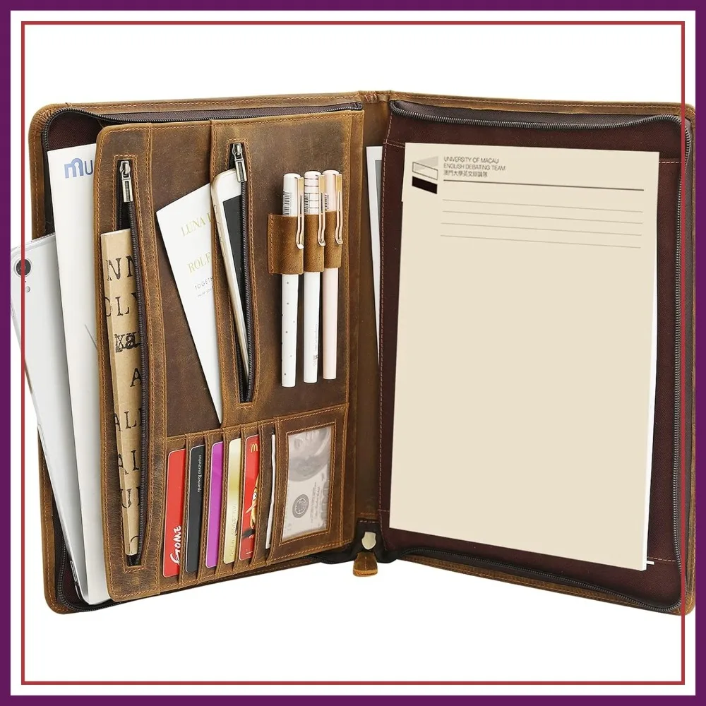 

Leather Portfolio Organizer with Zipper for Men Women, Padfolio Business Resume Legal Pad Notebook Binder for A4/Pad, Brown