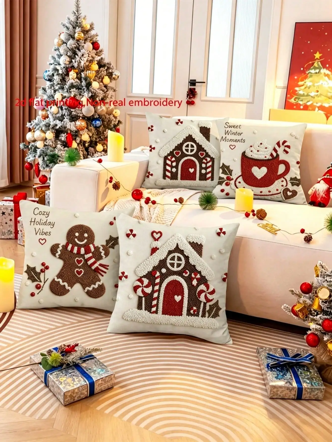 4pcs 2D Flat Christmas Gingerbread House & Mug Throw Pillow Covers - Rustic Farmhouse Cushion Covers Suitable For Bedroom, Sofa, Car, Zipper Closure, Non-Embroidery Retro Decorative Pillowcases, 18x18inch, No Inserts, Room Decor, Christmas Home Decor