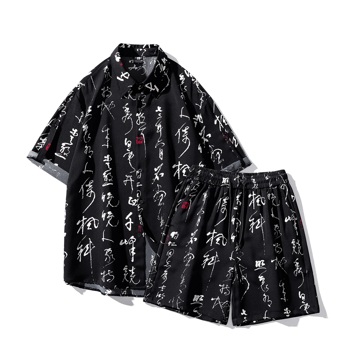 2026 Summer Men Casual Calligraphy Print Sets Men Short Sleeve Shirt+Shorts Set Male Retro Hong Kong Style Beach Shorts Home Set