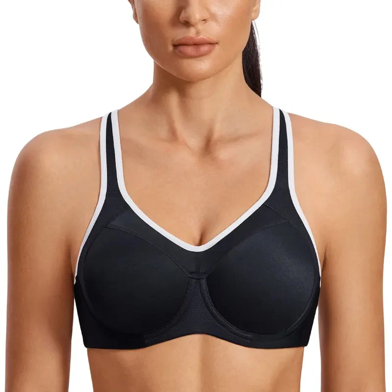Sports Bra Black White Women Push Up Full Support High Impact Racerback Lightly Lined Underwire Underwear Lady Clothing