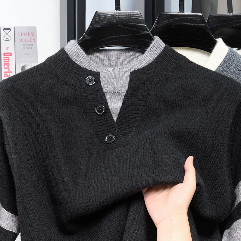 Amerikanischer Retro V-Ausschnitt Strickpullover für Herren, Neuheit 2026, Fake-Zweiteiler Gestreifter Kontrast-Pullover, Hochwertiges Casual-Oberteil – Detail 9