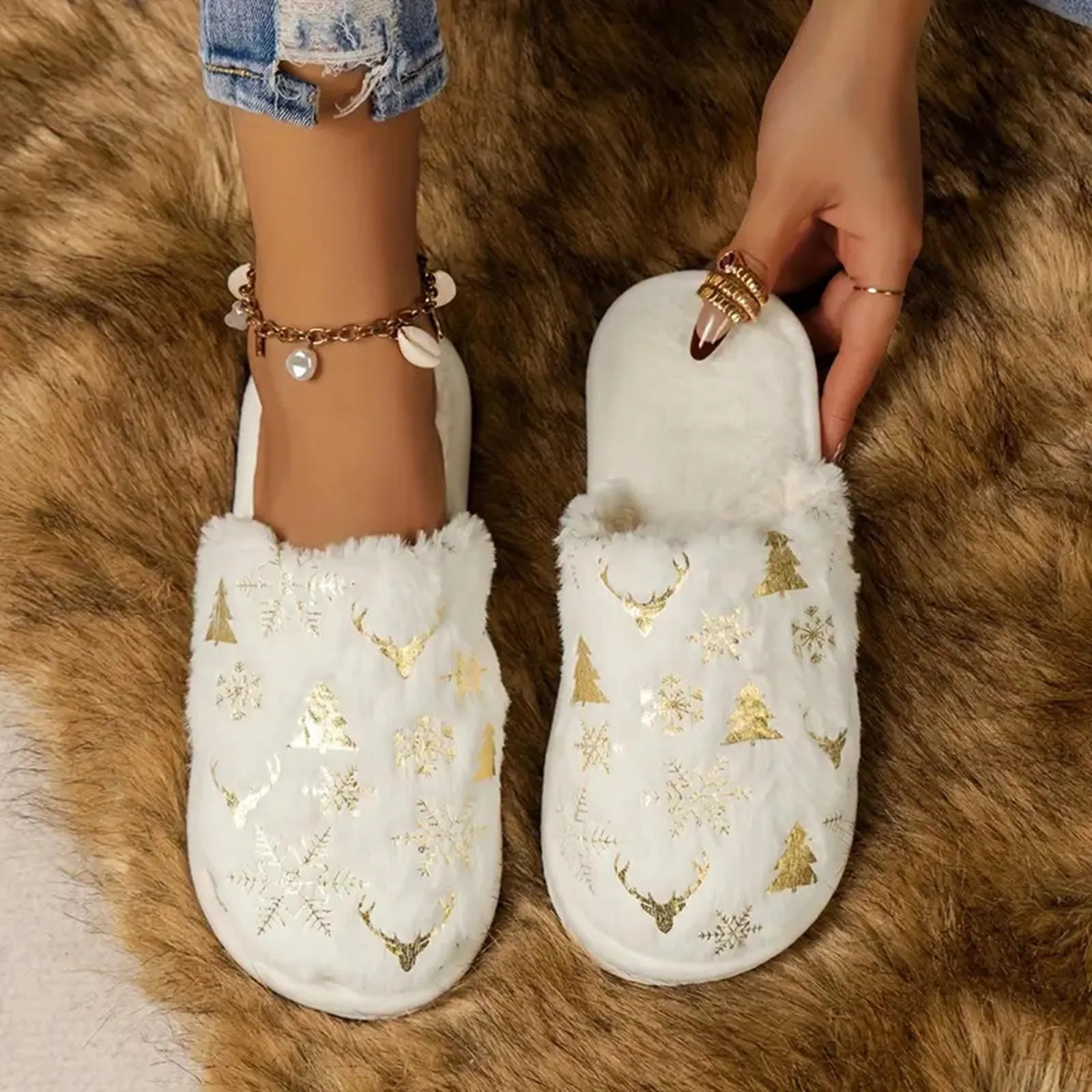 Christmas Indoor Anti Slip Fuzzy Slippers Cotton Adult Xmas Slippers For Women Autumn Winter Warm Home Thick Soles for Indoor