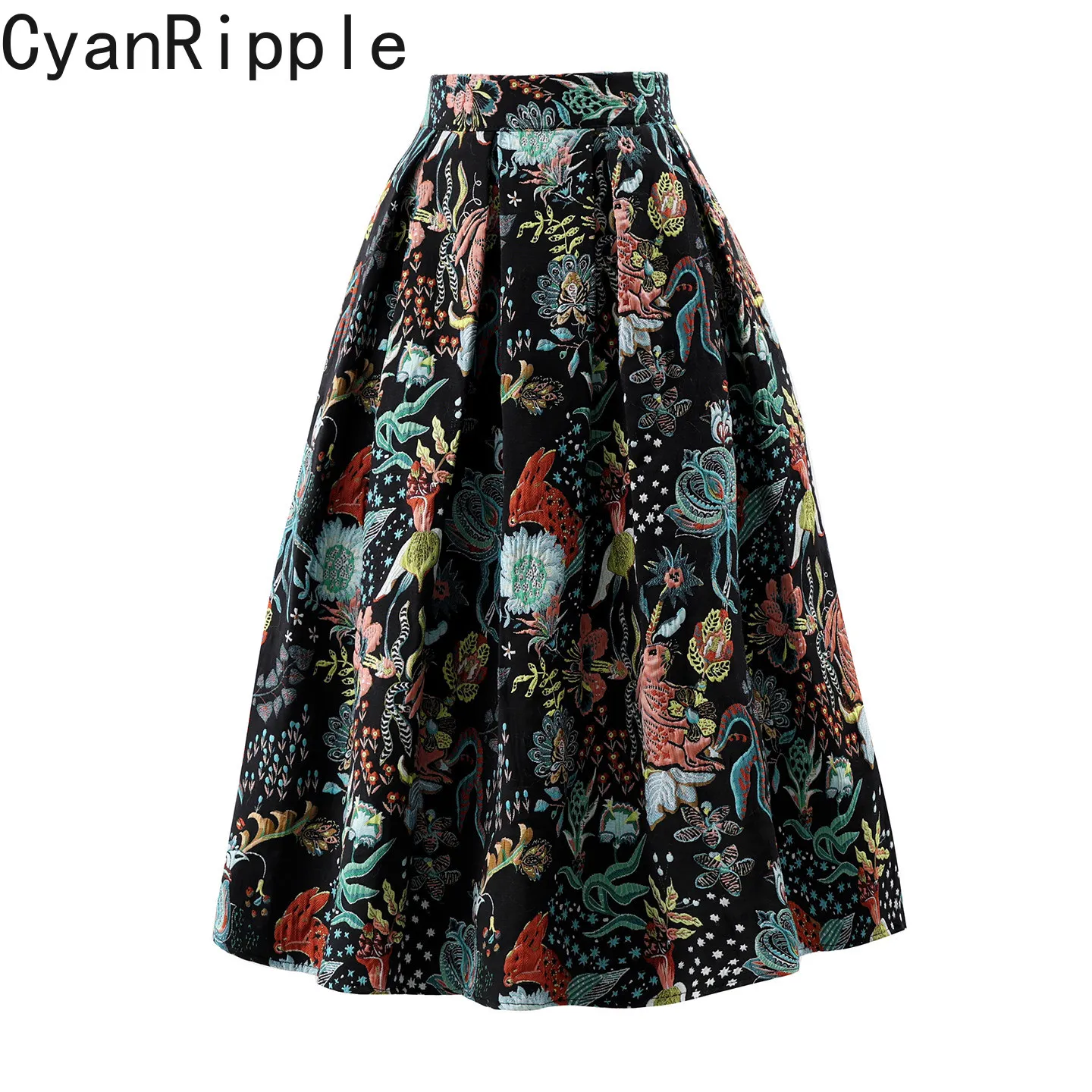 

High Quality New Spring Autumn Hepburn Style Elegant Puff Skirt All-match High Waist Embroidery Jacquard Mid-long A-line Skirts
