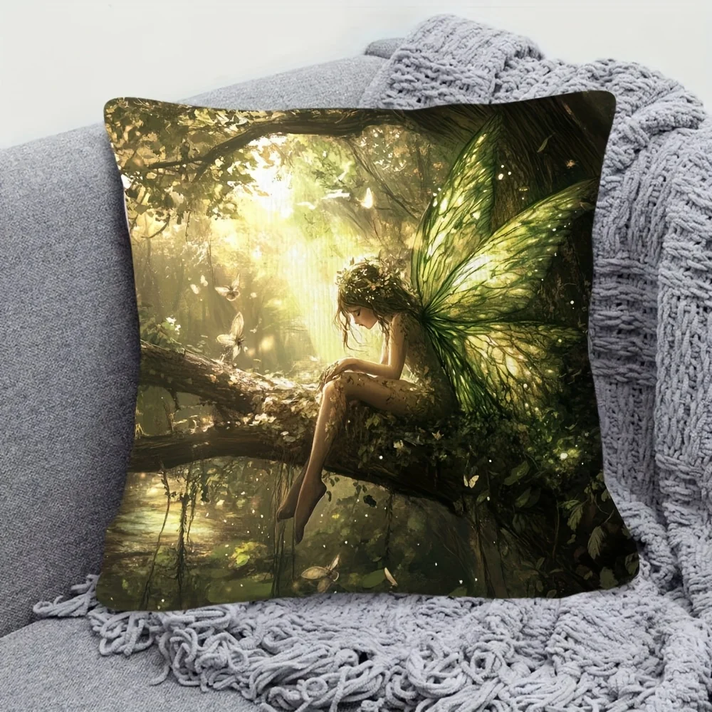 1pc Forest Fairy Pillow Cover, Polyester 2D Double-Sided Print, Enchanted Green Winged Fairy Art, Fantasy Lover Home & Car Decor