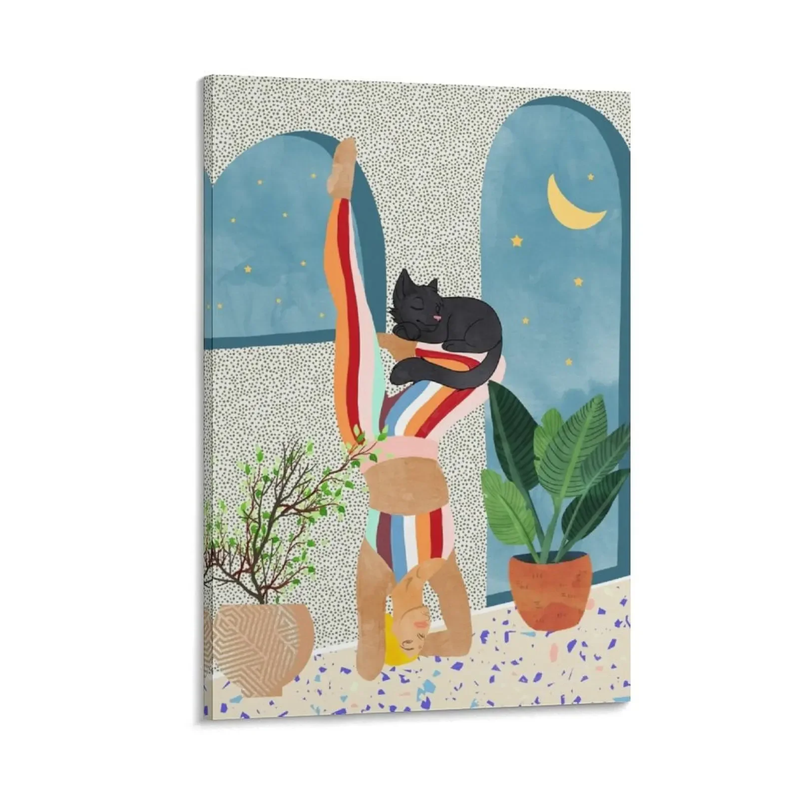 

Headstand, Cat Yoga, Active Woman Workout, Eclectic Colorful Pets Terrazzo Canvas Painting anime room decor ornaments for home