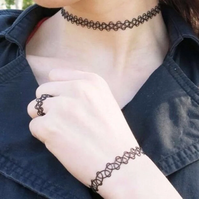 Hot Sell Vintage Stretch Tattoo Choker Necklace Elastic Bracelet Rings Fishing Line Necklace for Women Punk Gift Jewelry Set