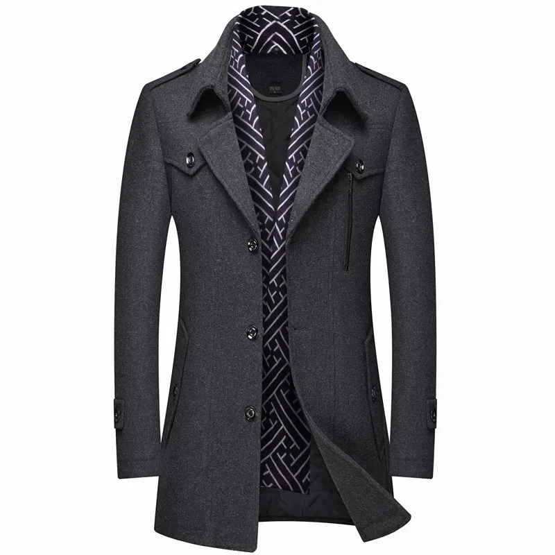 

2024 Winter Men Wool Coats Fashion Middle Long Scarf Collar Cotton-Padded Thick Warm Woolen Male Trench Overcoat M-6Xl