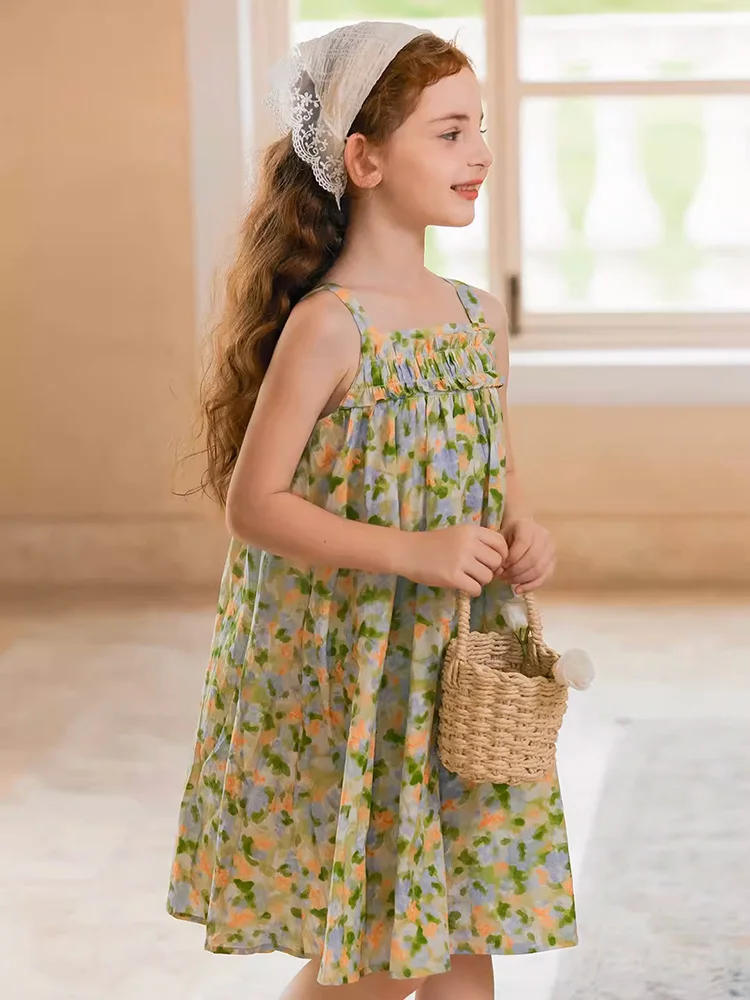 Baby Girl Summer Cute Dresses 100% 60S Cotton Kawaii Kids Clothing Beach Slip Dress Green Small Floral Printed 110cm 170cm