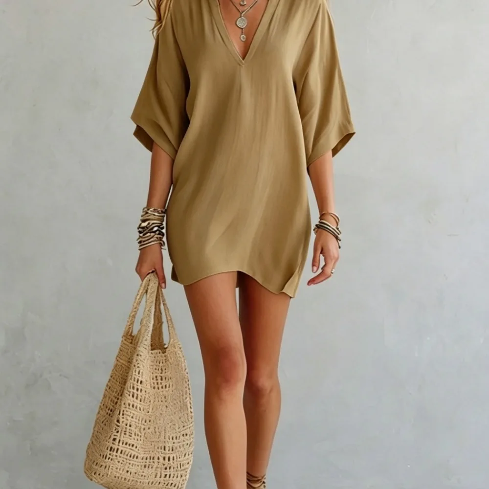 2026 Summer Women Casual Blouse V Neck Loose Half Sleeve Cotton Linen T Shirt Solid Color Retro Vacation Style Top