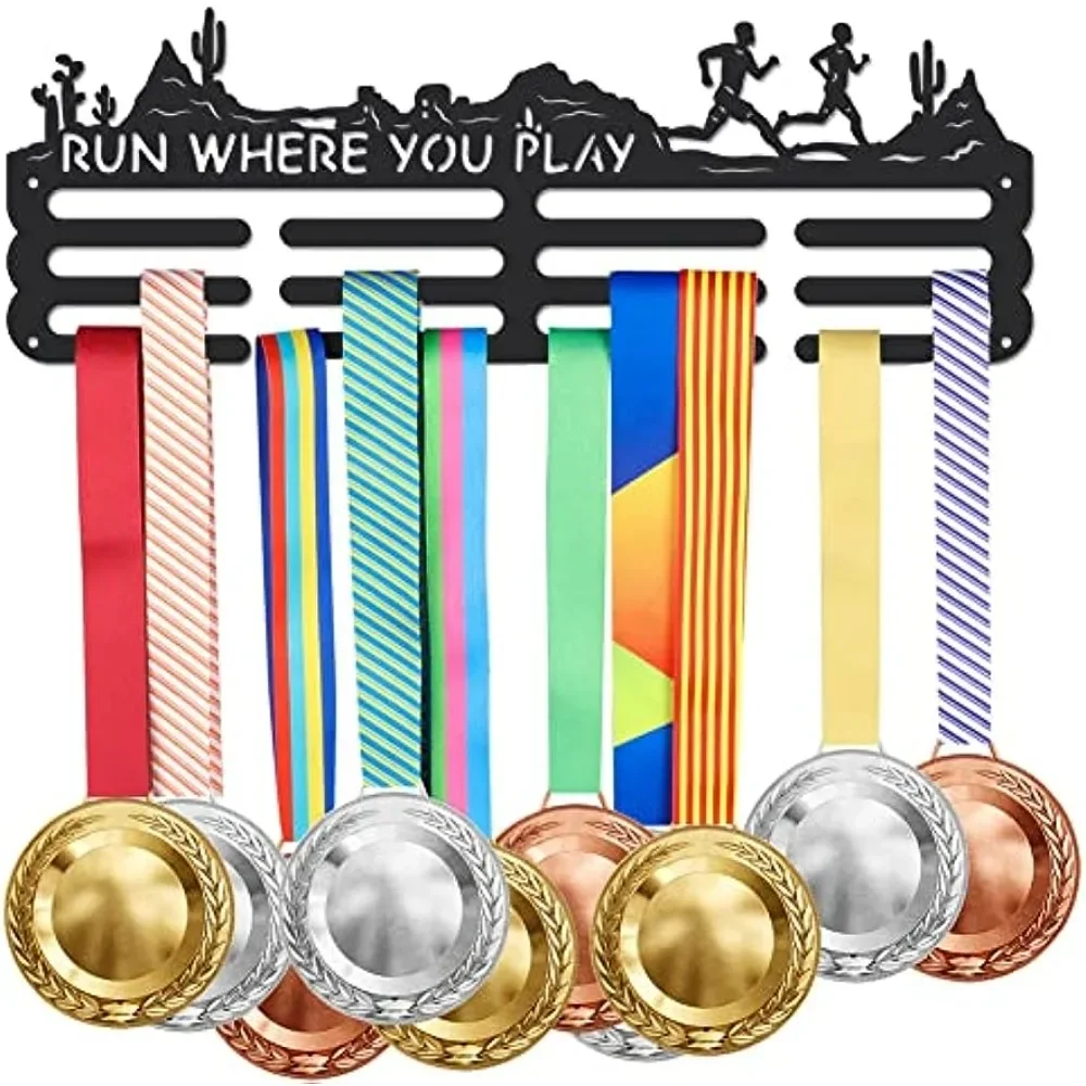 

Desert Running Medal Holder Cactus Landscape Medals Display Run Where You Play Black Iron Wall Mounted Hooks for 60+ Ribbon