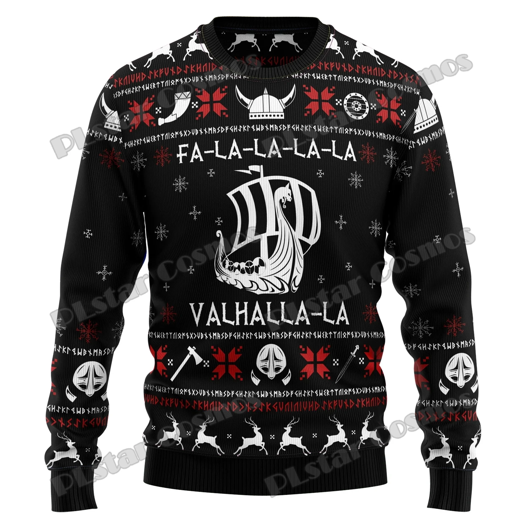 Autumn Winter Unisex Casual Knit Pullover Sweater Valhalla Fa-La-La-La & Skulls 3D Printed Men\'s Ugly Christmas Sweater KMY08