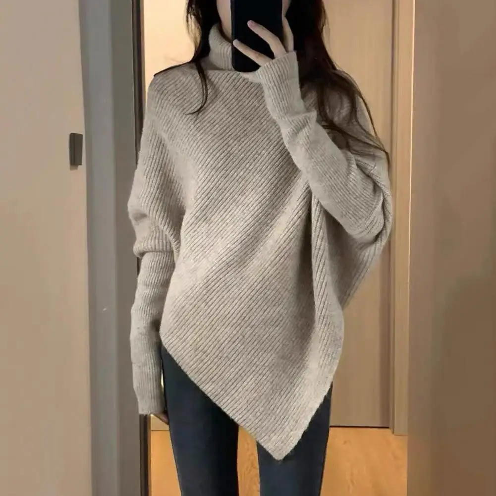 Elegant Winter Knitwear High Collar Solid Color Irregular Hem Bat Sleeve Thick Women Sweater Warm Soft Elastic Loose Pullover