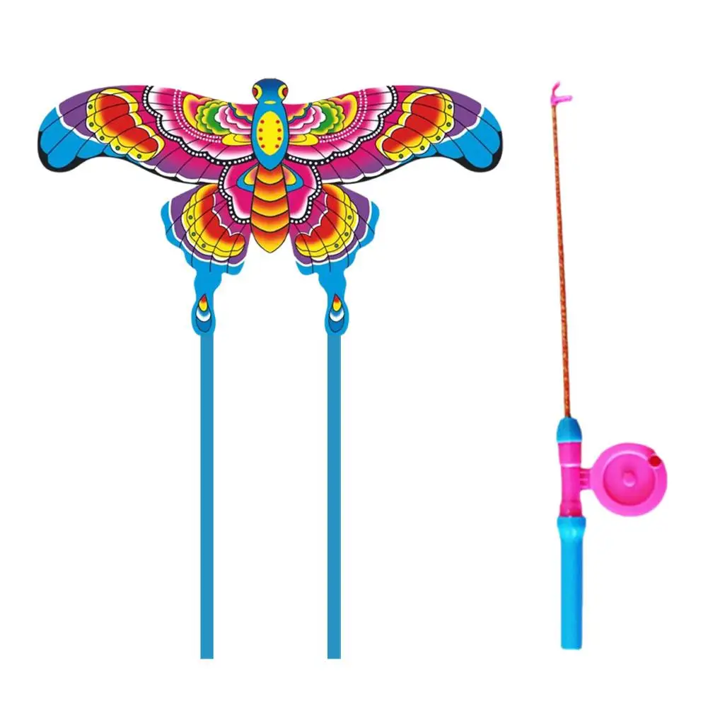 Cartoon Children Kite Flying Toys + 50cm Hand Brake Fishing Rod Line Large Parrot Eagle Butterfly Swallow Goldfish Kite For C6Q9