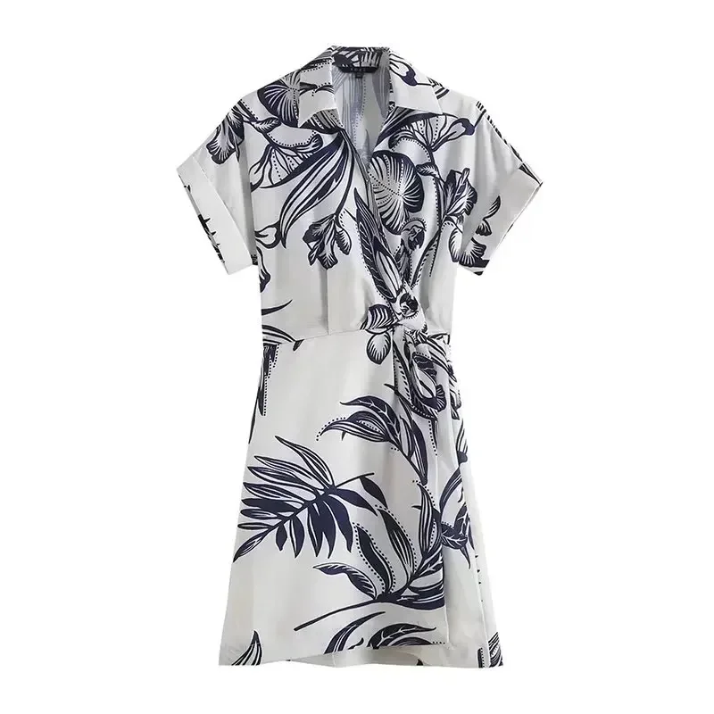 

Women's 2023 Chic and Fashionable Leaf Print Slim Waist Knot Short Dress Retro Short Sleeve Shirt Collar Dress Vestidos Mujer