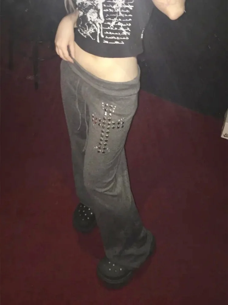 بنطلون طويل رمادي واسع الساق فضفاض عالي المرونة ناعم ومريح بتصميم SEI ستار مع زخارف معدنية على الطراز الكوري للعمل بسيط مستقي...