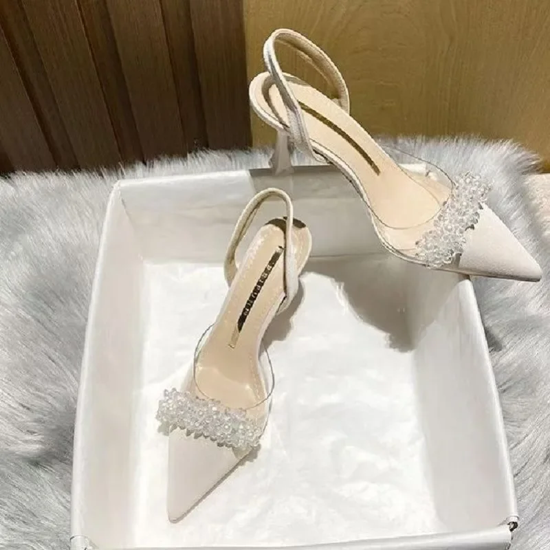 Women High Heeled Sandals Summer New Fashion Beige Retro Comfortable Transparent Casual Pointed Black Women