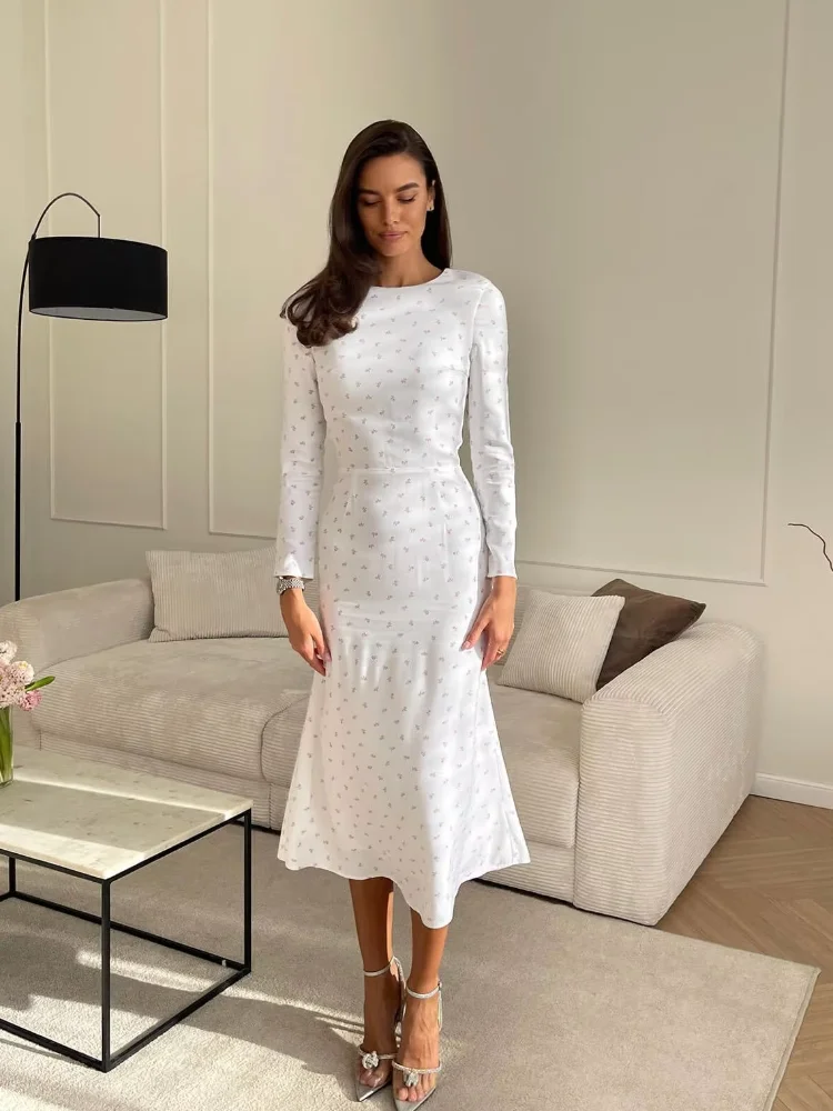 

Print Midi Dress Women Elegant Long Sleeve High Waist Bodycon Pencil Dress 2026 Spring Lady Commute Party Vestidos Evening Gown