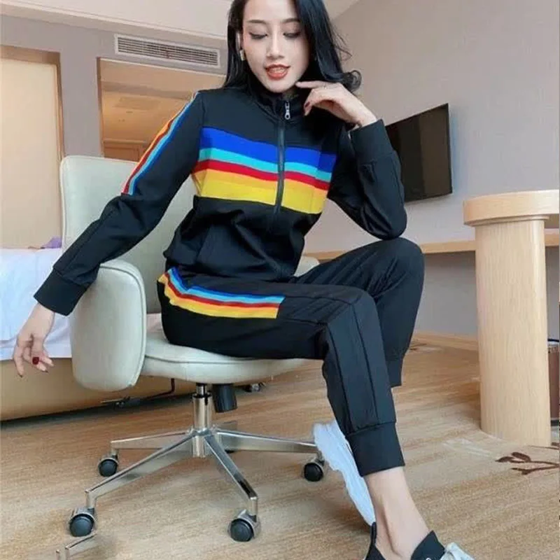 Spring Autumn Fashion Striped Slim Standing Neck Zipper Tops Pencil Pants Two Piece Set Korean Contrast Casual Set Women