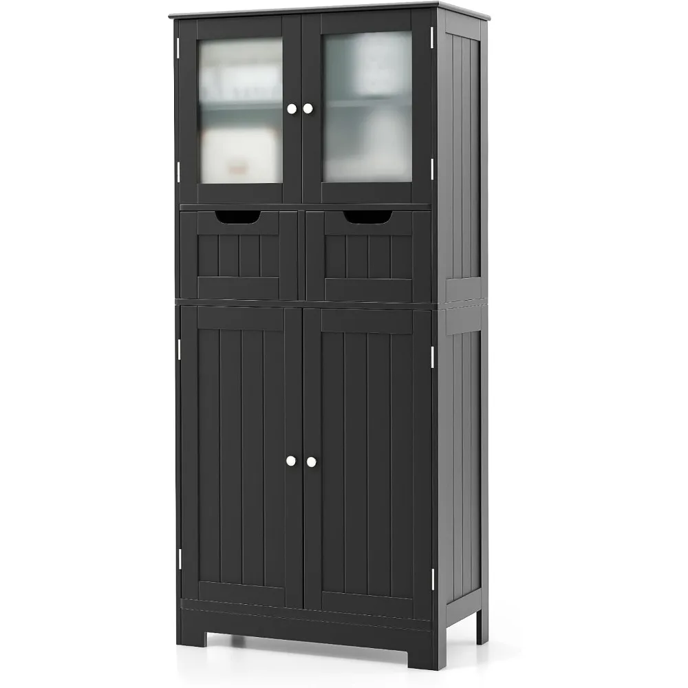 

Bathroom Floor Cabinet, Storage Organizer with Glass Doors, Wooden Kitchen Cupboard with Adjustable Shelf for Living Room
