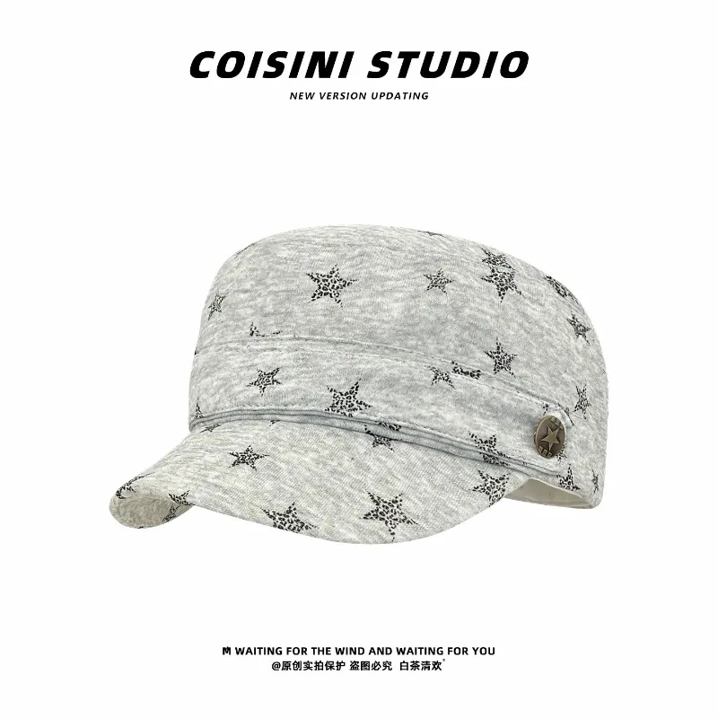 Gorras de Béisbol Planas con Estrella Gris Estilo Coreano para Mujer, Primavera Verano, Casuales, Versátiles, Retro, Estilo Ecuestre