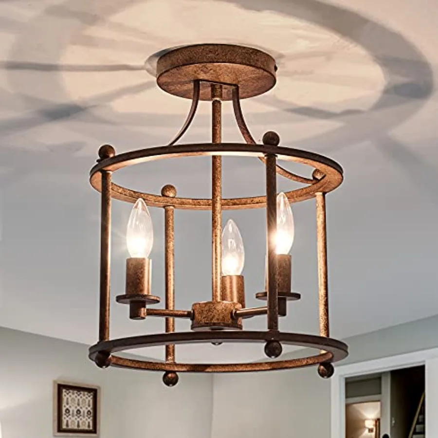 

3-Light Farmhouse Vintage Semi Flush Mount Ceiling Light Fixtures in Rustic Metal Chandelier for Island Living Room Bedroom Kit