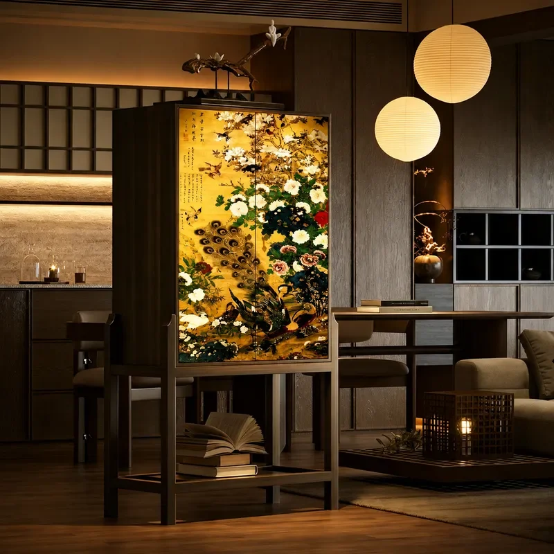 New Chinese Style Peacock Peony Solid Wood Entryway Cabinet High Low Shoe Storage Dining Sideboard Partition Shelf Living