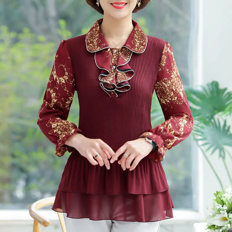 Elegant Long Sleeve Chiffon Printed Shirt for Women Korean Vintage All-match Ruffles Spliced Slim Blouse Spring Female Clothing