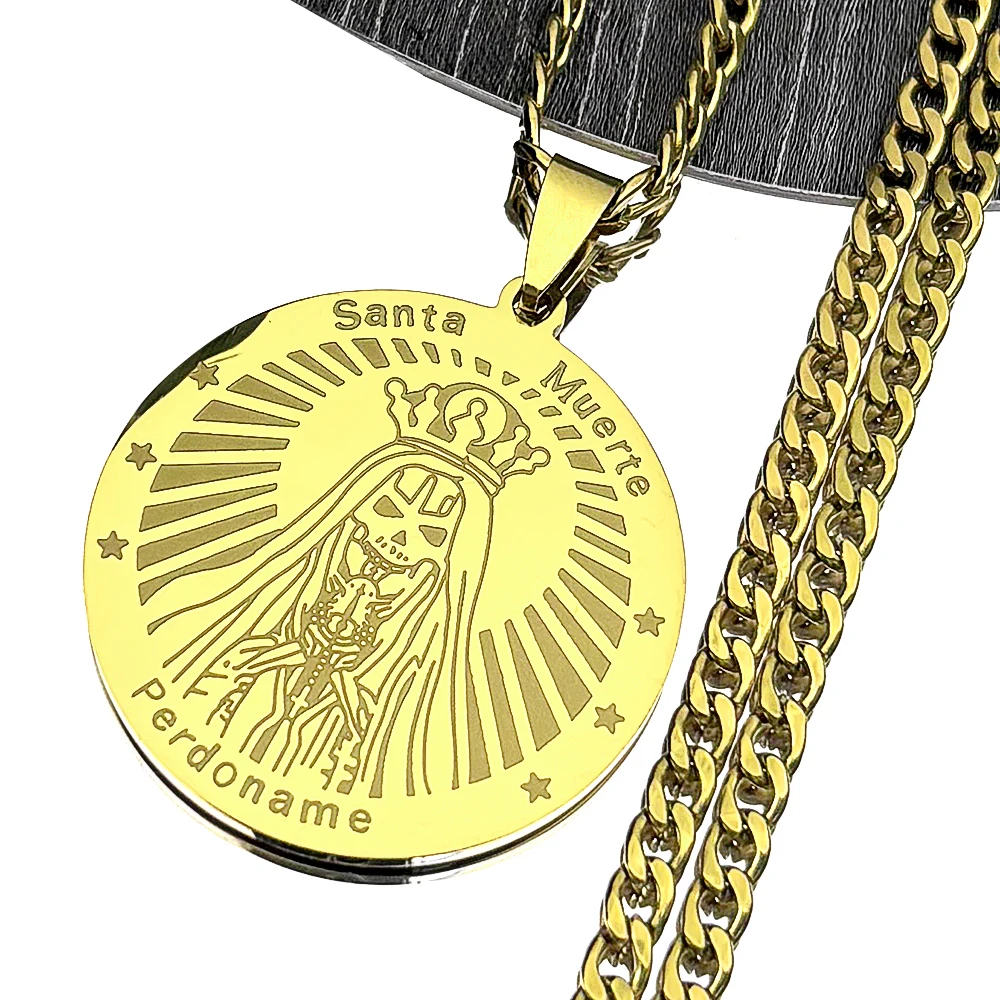 Mexikanische Santa Muerte Perdoname Anhänger Halskette für Frauen Männer Edelstahl Gold Farbe Schädel Stern Medaille Amulett Kette Schmuck – Detail 5