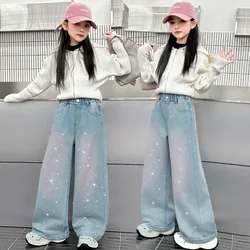 4-14Y Teenage Girls Hole Wide Leg Pants Fashion Loose Street Gradient Color Jeans for Kids Clothes School Children Trousers