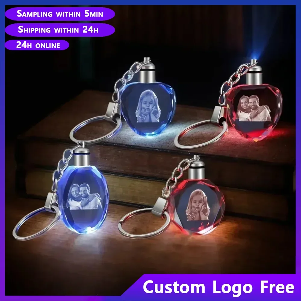 Free Customized Crystal Key Ring with LED Light Any Design Crystal Blank Key Ring Customized Logo Family Photo DIY Birthday Gift