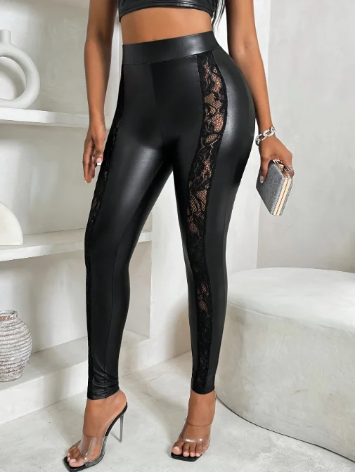 Mode femmes vêtements dentelle épissage taille taille sac hanche pantalon Sexy fesses serrées avec évidé pantalon élégant