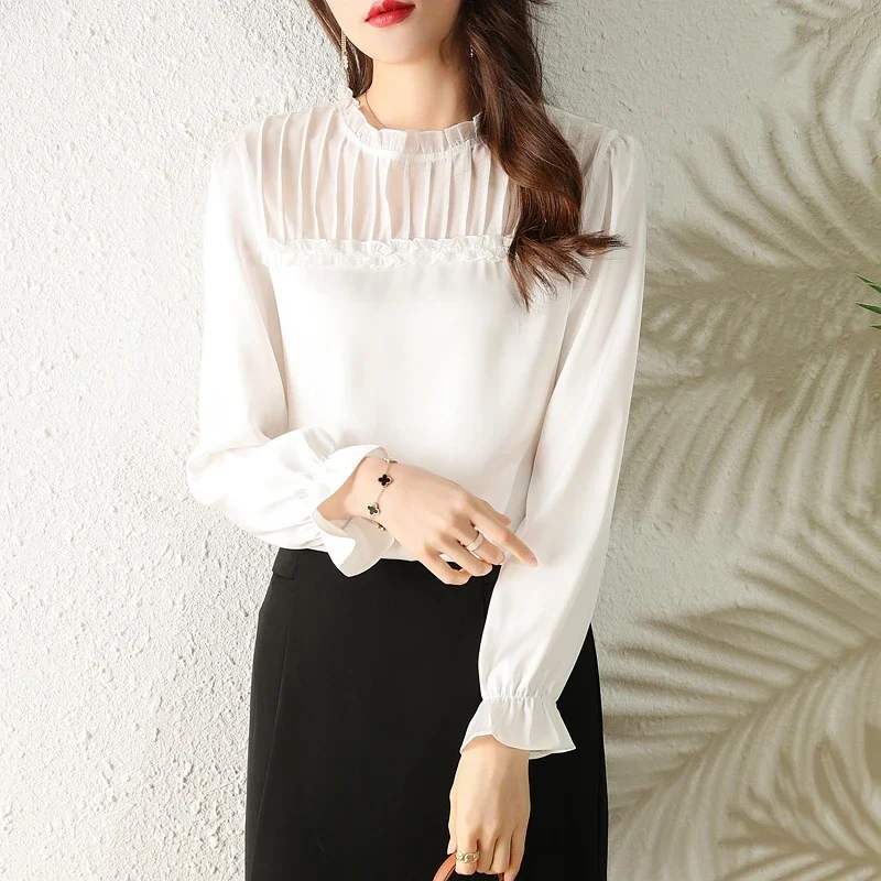 Spring Women Ruffles Pink Chiffon Blouse Shirt Women Tops Long Sleeve Blouse Women Blusas Mujer De Moda 2024 Blouses Shirts F450