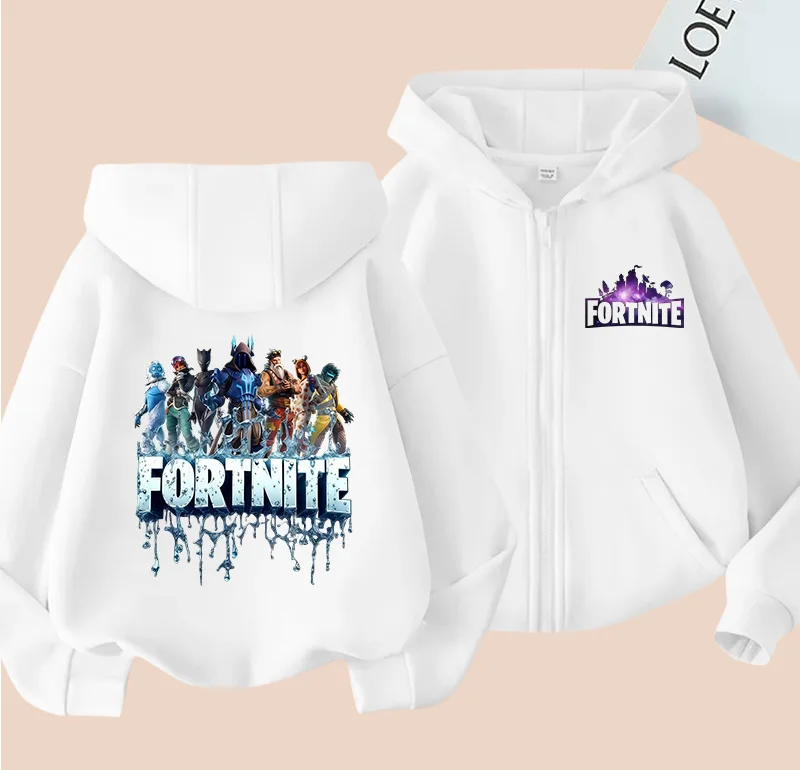 Nuevas sudaderas con capucha para niños de Fortnite, abrigo con estampado de personajes de dibujos animados, sudadera con capucha con cremallera, chaqueta de otoño para niños, ropa de invierno para niños
