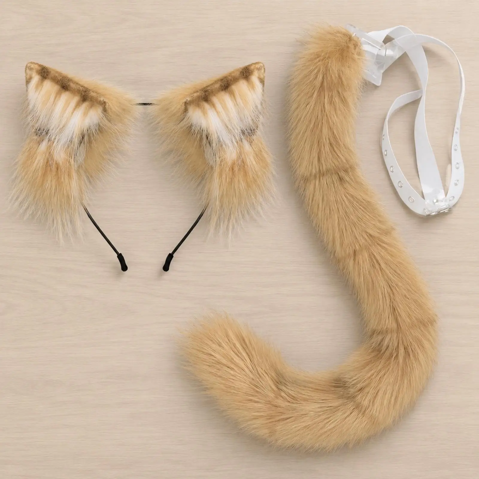 Plush Cat Ear Headband and Tail Kit for Cosplay Party Furry Costume Accessory with Adjustable Waist Belt for Women