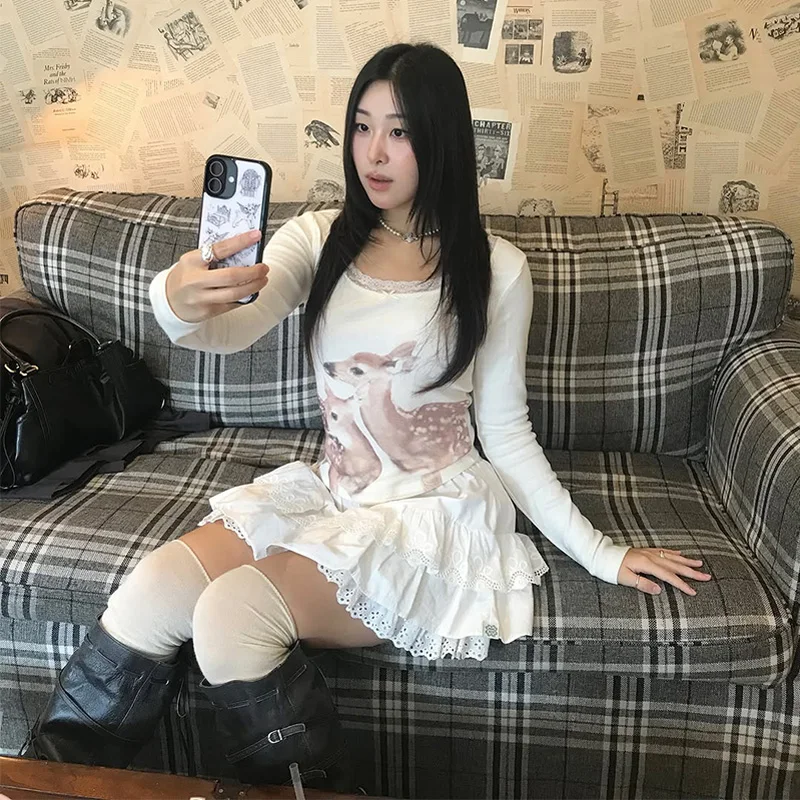 

Women's Deer Print Slim Fit Top Chic Casual Long Sleeve U-neck Lace Patchwork Cute T-shirt 2025 NEW Spicy Girls Y2k Street Wear