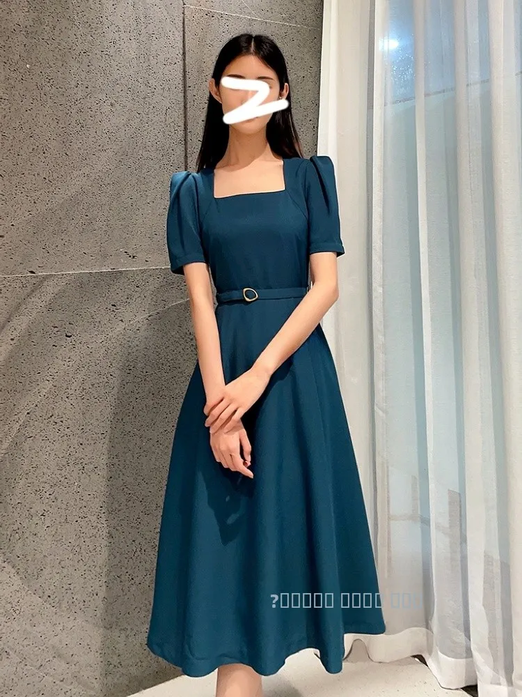 

Ele Hepburn Sle Midi Dr with Square Collar And Bubble Sves Slimming Waist Design Summer New Arrival Women's Faion