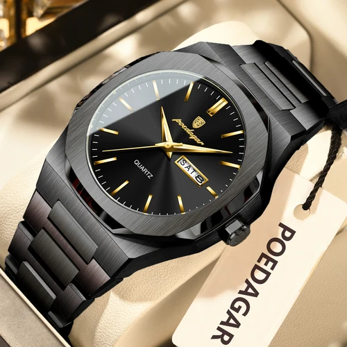 Reloj POEDAGAR de marca a la moda para hombre, Reloj luminoso resistente al agua de acero inoxidable para hombre, relojes de negocios de cuarzo con fecha y semana para hombre