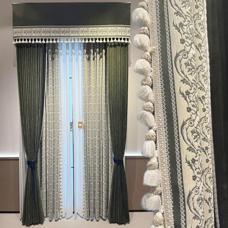 Vintage Dark Green Jacquard Stitching Thickened Chenille Blackout Curtains for Living Room Bedroom French Window Customized