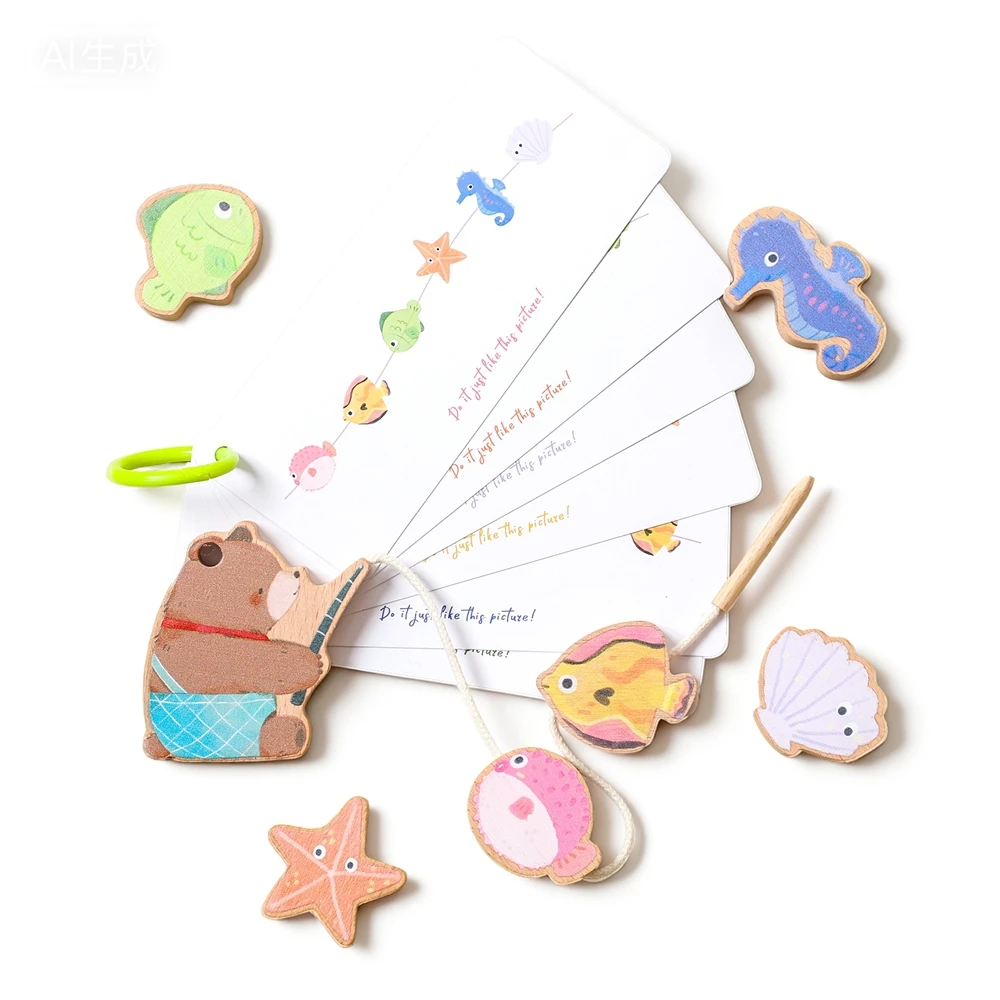 

Детские деревянные игрушки с резьбой, деревянные сложенные игрушечные блоки, мультяшный медведь, тема рыбалки, струнная игрушка, детские игрушки с прецизионным движением пальцев