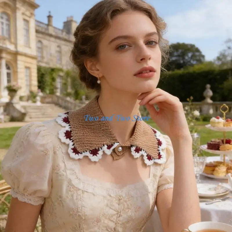 HX6F Fashion Knit False Collar With Flower Trim Women Clothes Enhancer